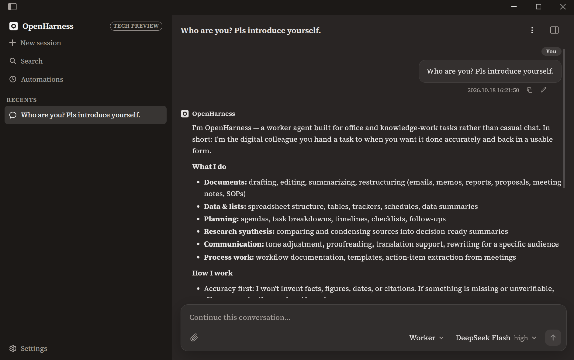 The OpenHarness desktop window showing a session with the Worker agent